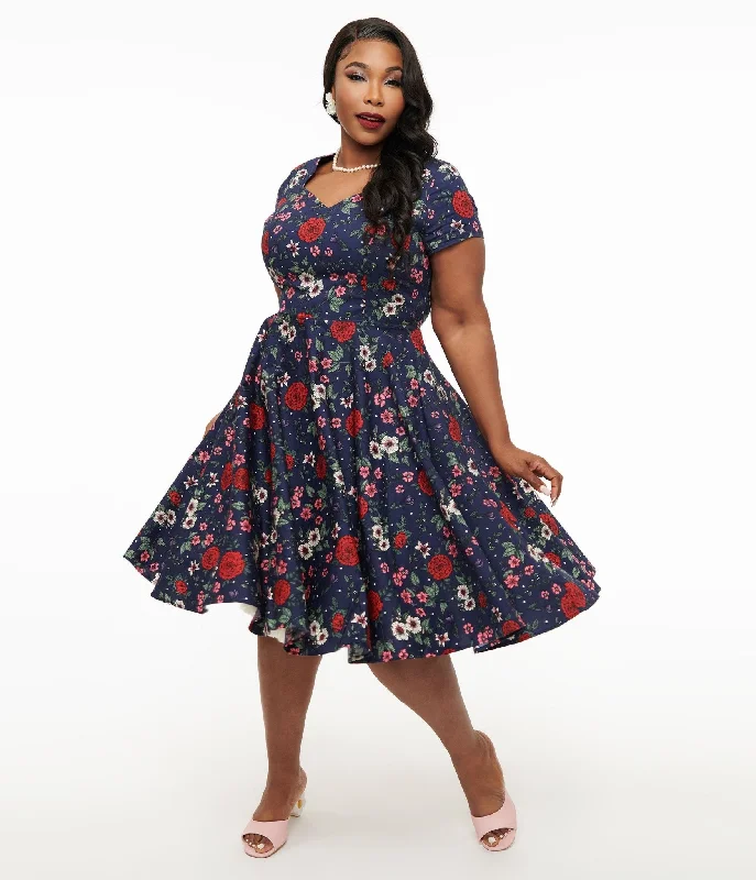 Stylish Looks Luxe Layering Hell Bunny Plus Size 1950s Navy Blue & Red Floral Camellia Midi Dress