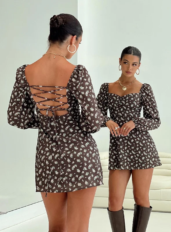 Mega Sale Bohemian Vibe Landon Long Sleeve Mini Dress Brown Floral