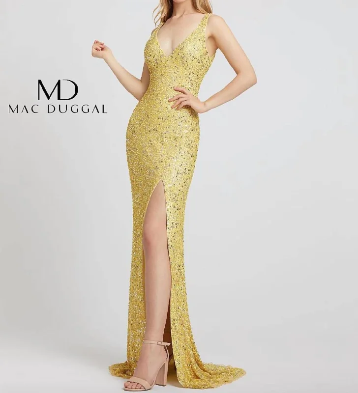 Premium Fashion Luxury Comfort V-Neck Sequin Gown In Lemon