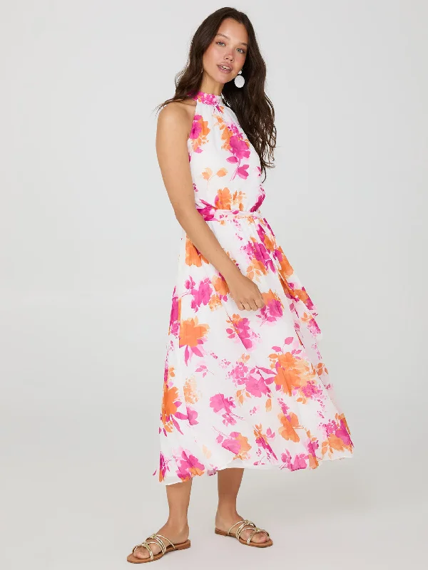 Exclusive Discount Graceful Cut Floral Print Halter Neck Chiffon Midi Dress