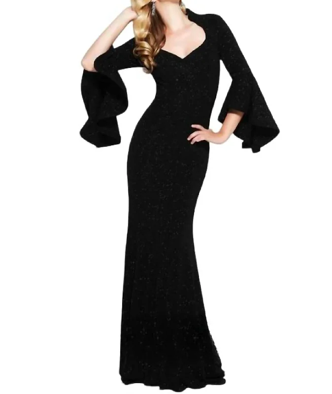 Chic Style Discounts Charming Silhouette Sparkle Long Sleeve Gown In Black