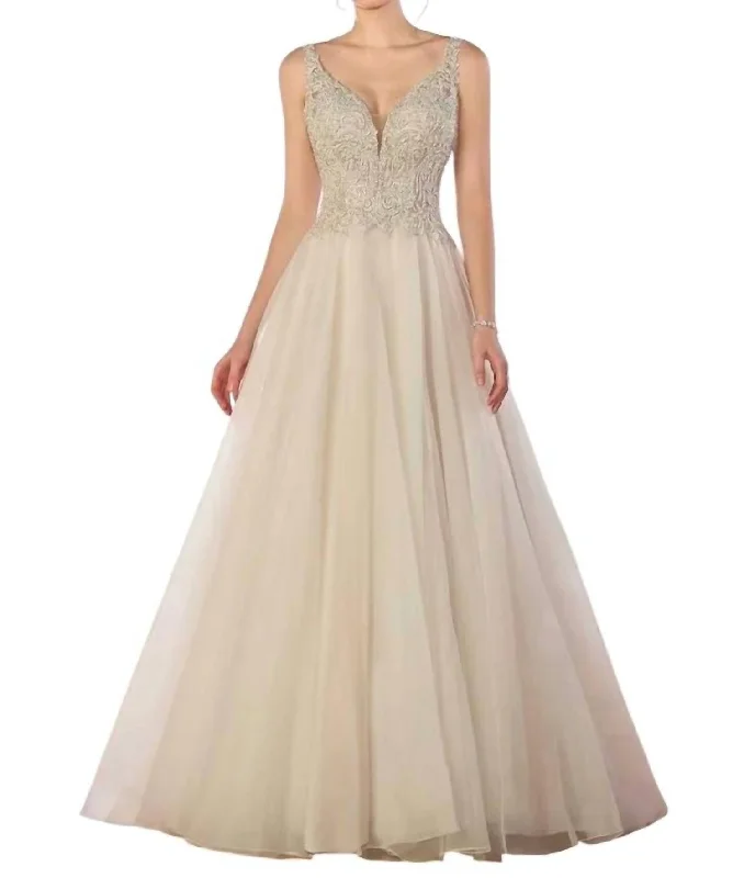 Sophisticated Style Offers Classic Charm Silver Beaded Ballgown In Ivory/moscato