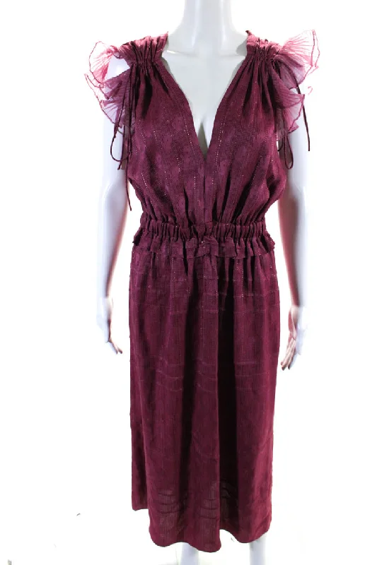 Buy More, Save More Vintage Look Isabel Marant Metallic Satin Ruffled V-Neck A-Line Maxi Dress Raspberry