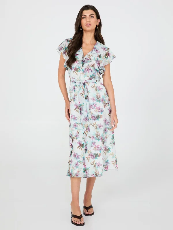 Best-Sellers Exquisite Craftsmanship Floral Print Chiffon Midi Dress With Ruffle Details