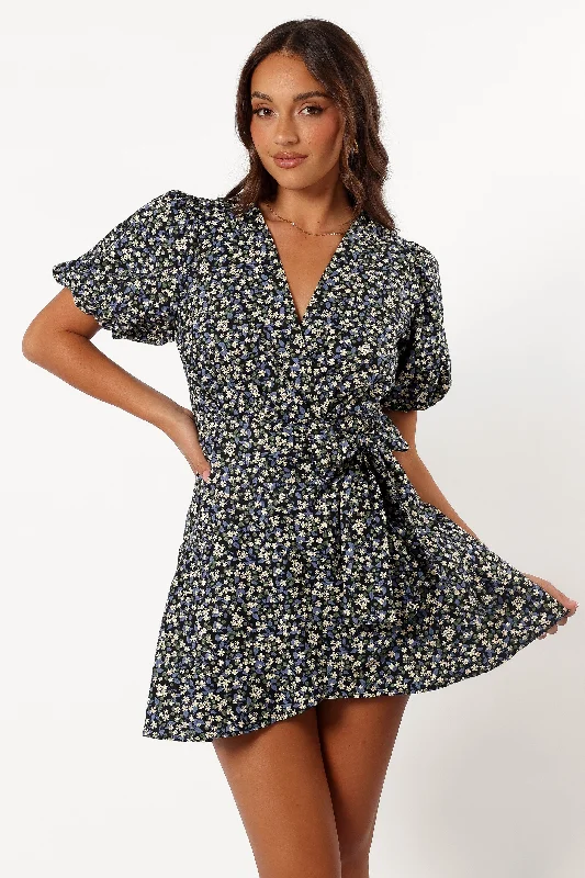 Classic Modern Offers Floral Style Kenn Wrap Mini Dress - Indigo Vanilla