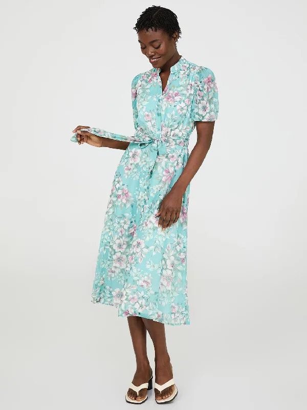 Special Offer Effortless Style Floral Print Split Neck Dress With Balloon Sleeves