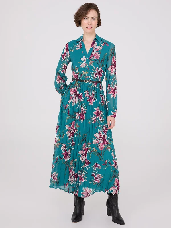 Timeless Elegance Redefined Seasonal Trend Floral Print Belted Chiffon Dress