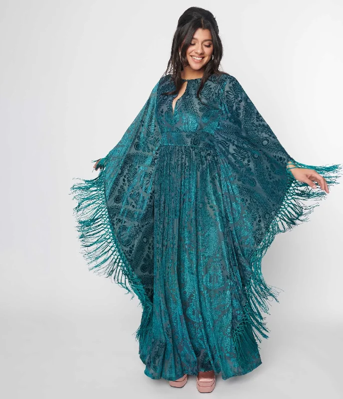 Chic Styles Feminine Charm Unique Vintage Emerald Floral Fringe Flutter Sleeve Caftan