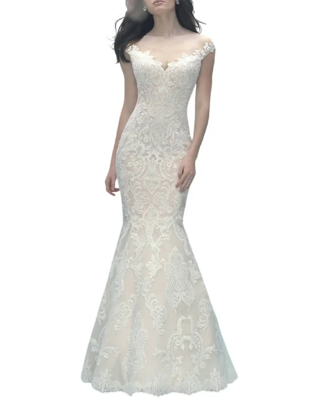 Glamorous Fashion Offers Lightweight Fabric Off-Shoulder Lace Gown With Detachable Tulle Train In Champagne/ivory/silver