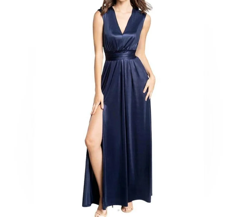 Bold Style Discounts Graceful Movement Krista Tie-Waist Gown In Navy