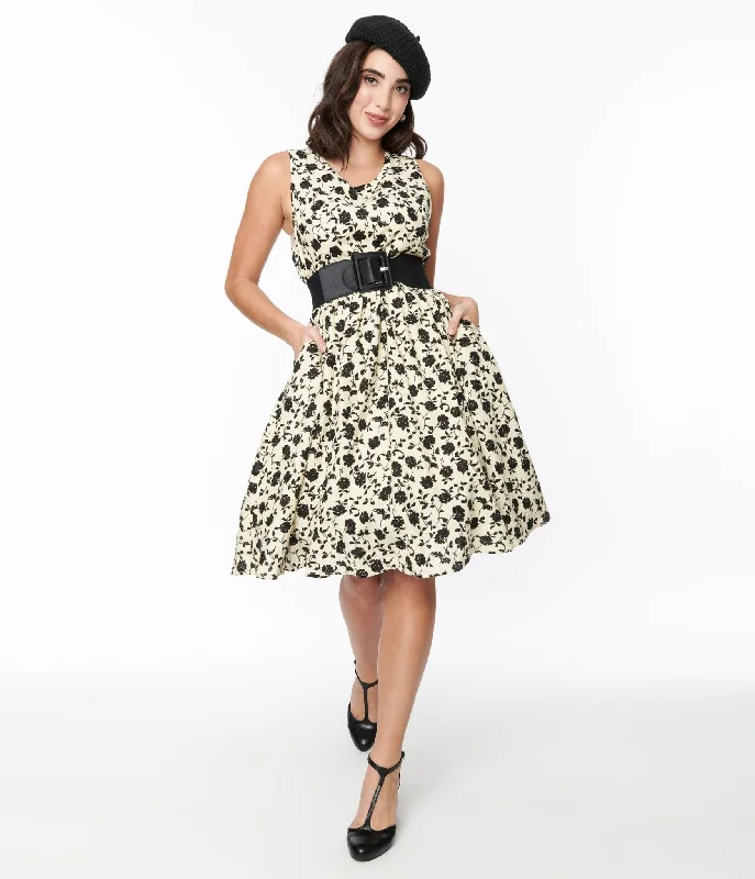 Seasonal Fashion Vibrant Prints Cream & Black Floral Swing Dress