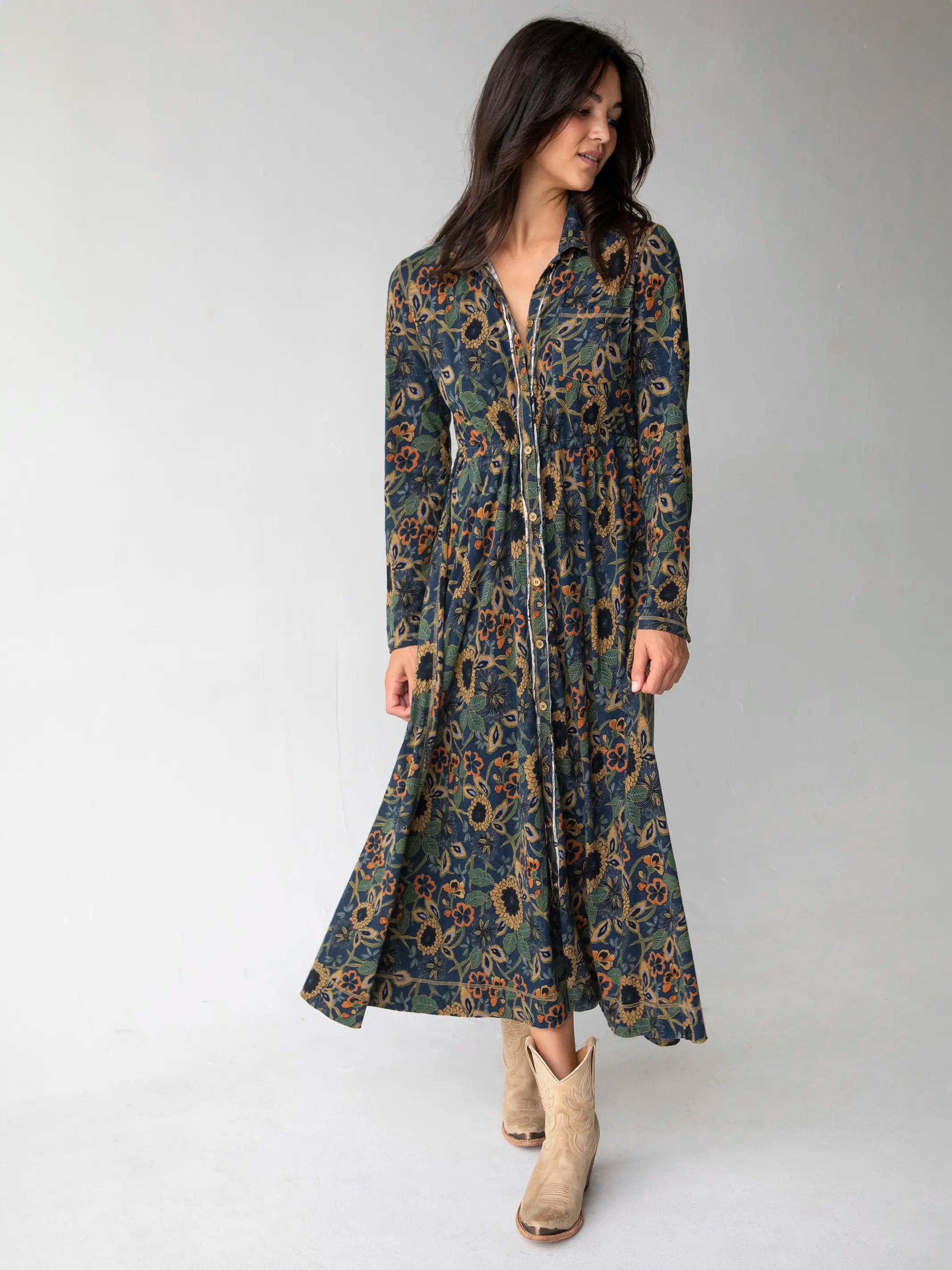 Easy Elegance Sales Flowy Fabric Christa Knit Cotton Maxi Dress - Navy Tan Dahlias