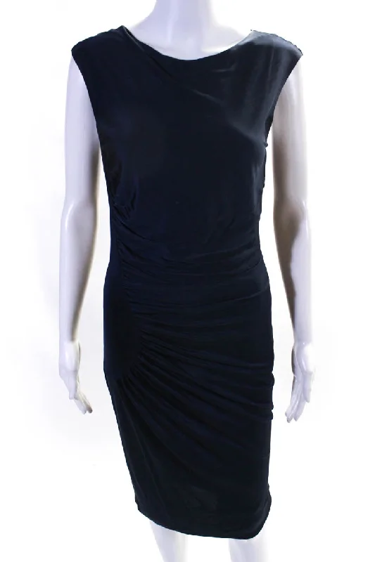 Explore What'S New Minimalist Elegant Emilio Pucci Womens Knit Satin Draped Sleeveless Sheath Dress Navy