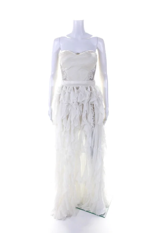 Massive Savings Boho Chic David Peck Satin Lace Chiffon Ruffle Strapless High Low Gown Dress White