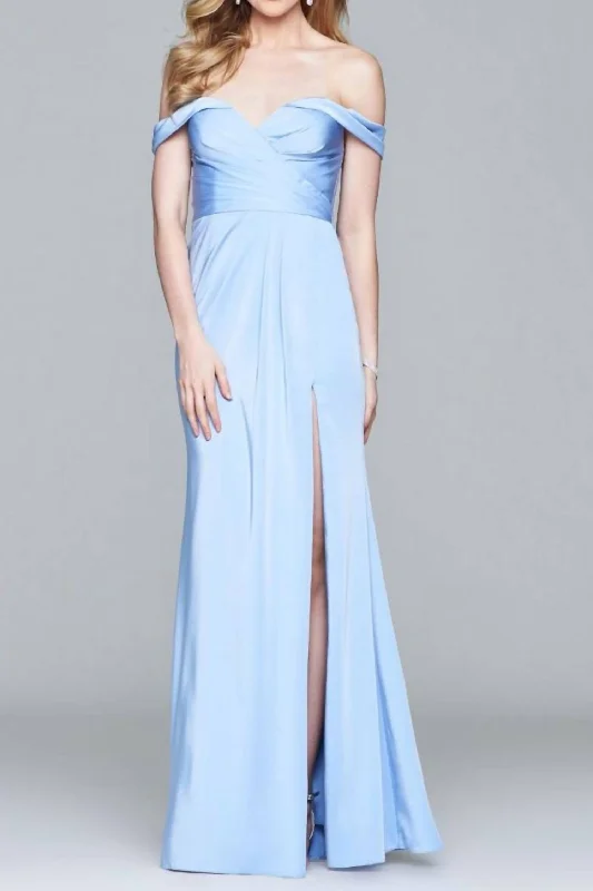 Save Big Feminine Charm Off The Shoulder Evening Gown In Periwinkle