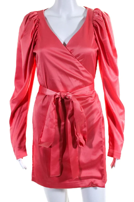 Flash Sale Now Summer Fashion ROTATE Womens Satin Puff Sleeve V-Neck Wrap Mini Dress Pink