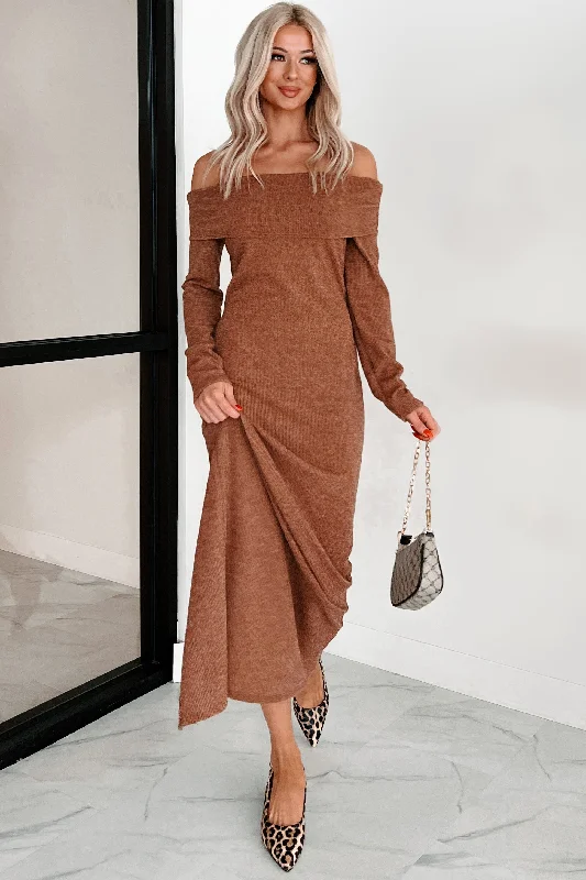 Urban Style Promotions Flowing Silhouette Tanya Off The Shoulder Sweater Maxi Dress (Brown)