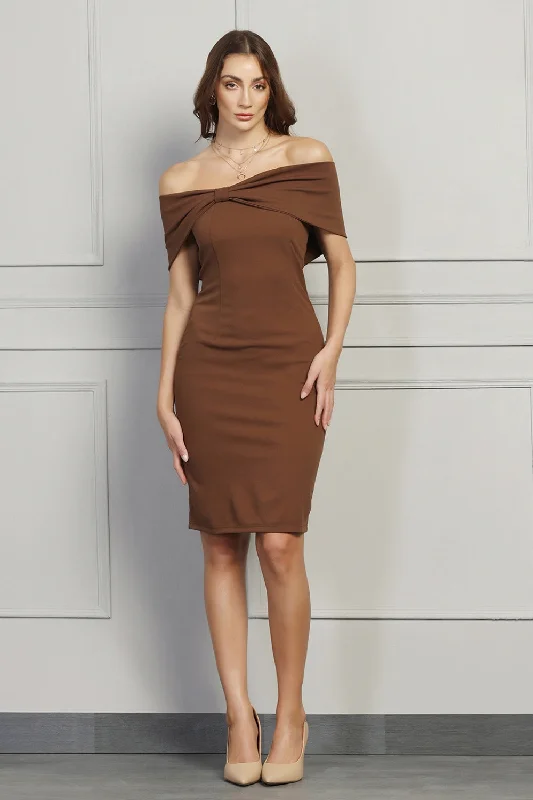 Fresh Fashion Discounts Elegant Attire Bardot Bow Detail Midi Dress in Brown