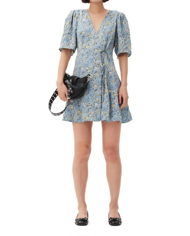 Unbeatable Deals Floral Style Crinkled Satin Mini Wrap Dress In Blue