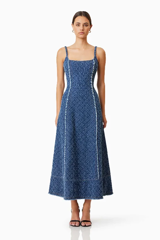 Trendy Women'S Wear Collection Flowy Fabric Cora Denim Midi Dress In Blue