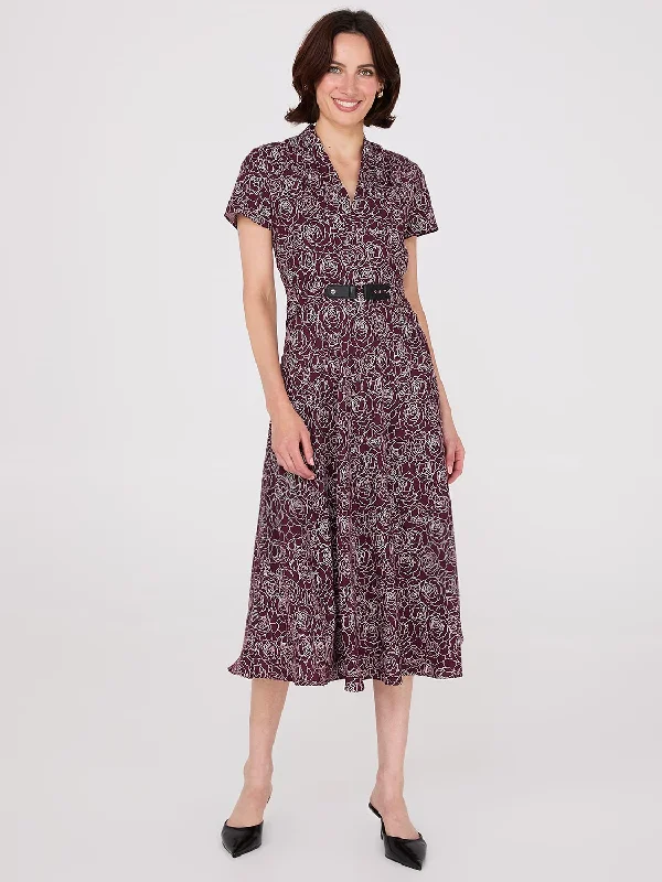 Holiday Glam Sleek Design Floral Print Shawl Collar Belted Midi Dress