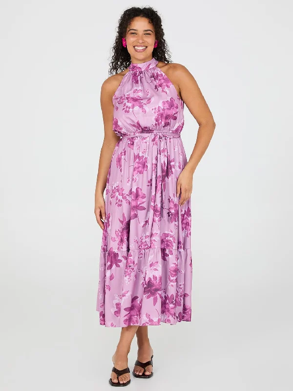 Fashion-Forward Artful Design Floral Print Halter Neck Satin Maxi Dress