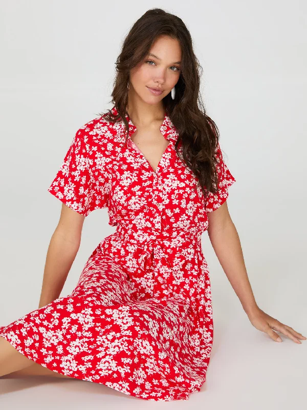 Enjoy Discount Elegant Ensemble Ditsy Floral Print High-Low Maxi Shirt Dress