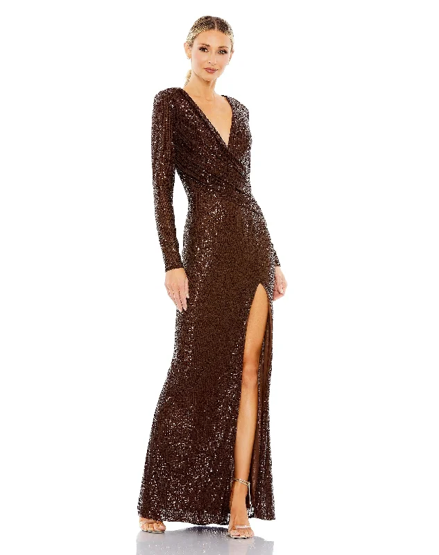 Street Style Discounts Effortless Sophistication Sequined Long Sleeve Faux Wrap Ruched Gown