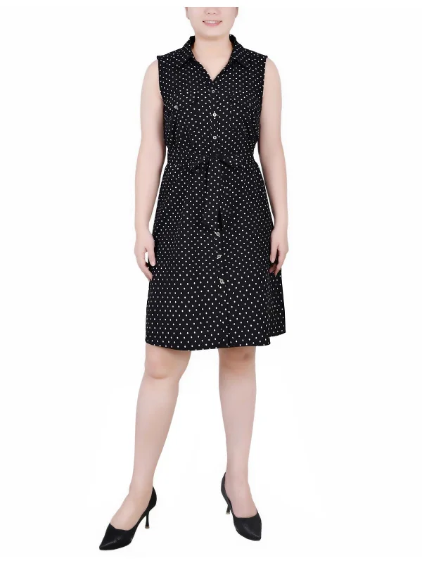 Fashion Forward, Function First Feminine Flow Petites Womens Printed Sleeveless Shirtdress