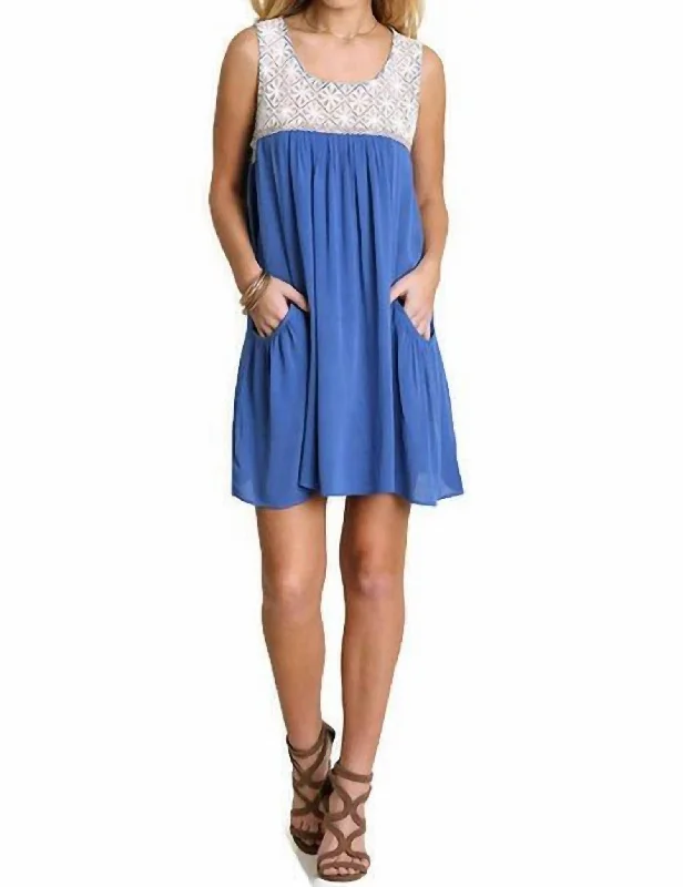 Fashionable Comfort Promotions Chic Sophistication Sleeveless Dress With Lace Detail In Blue