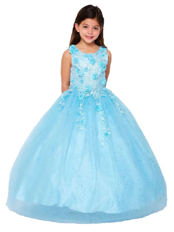 Boutique Styles Boho Chic Big Girls Blue 3D Flower Rhinestone Tulle Junior Bridesmaid Dress 8-16