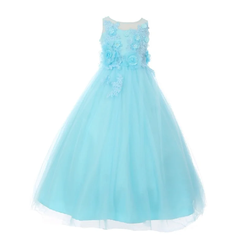 Spring Fashion Contemporary Elegance Big Girls Aqua 3D Flower Adorned Tulle Illusion Junior Bridesmaid Dress 8-16