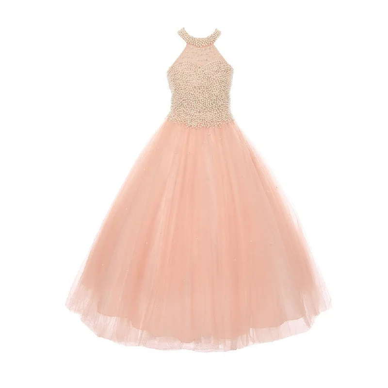 Imeless Style Feminine Elegant Big Girls Blush Dazzling Halter Neck Party Tulle Junior Bridesmaid Dress 8-16