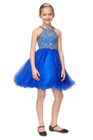 Stylish Looks Vintage Elegance Girls Rhinestone Halter Neck Tulle Flower Girl Junior Bridesmaid Dress 6-16