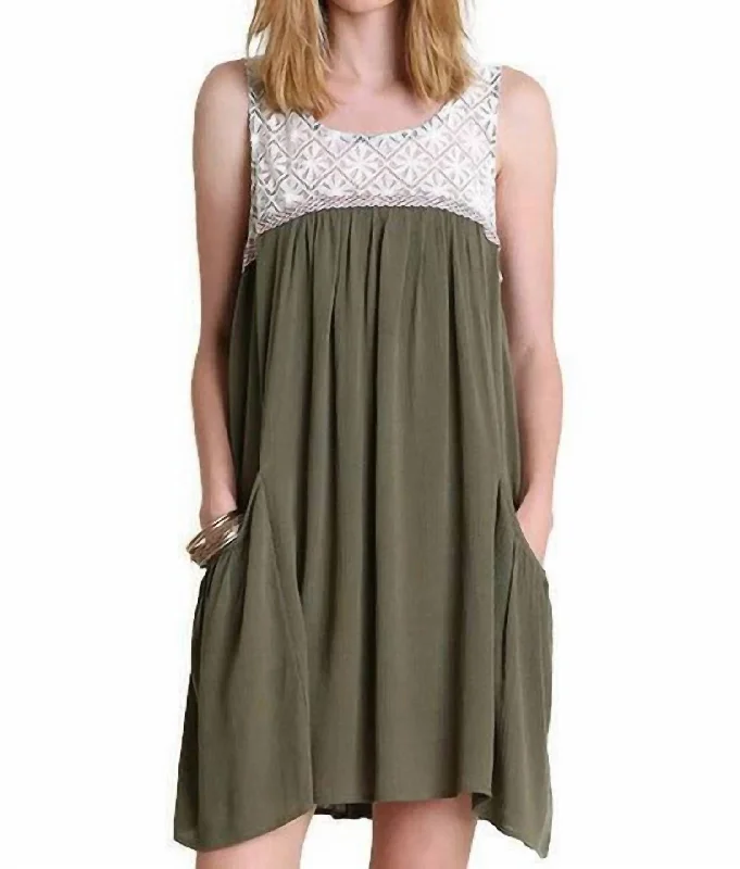 Limited Time Offers Refined Look Sleeveless Dress With Lace Detail In Olive Green