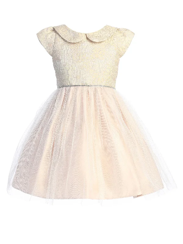 Trendy Street Style Effortless Comfort Big Girls Blush Daisy Jacquard Collar Tulle Junior Bridesmaid Dress 7-12