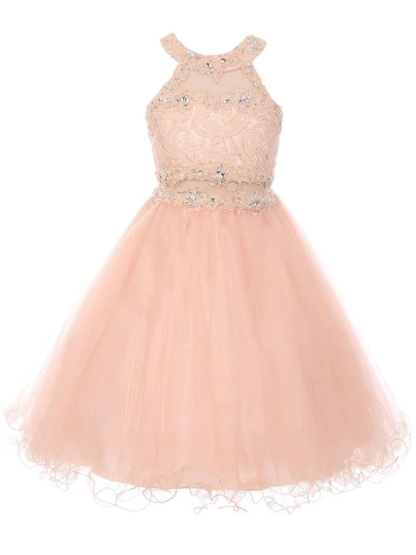 Latest Trends Alluring Design Big Girls Blush Rhinestone Halter Neck Lace Tulle Junior Bridesmaid Dress 8-20