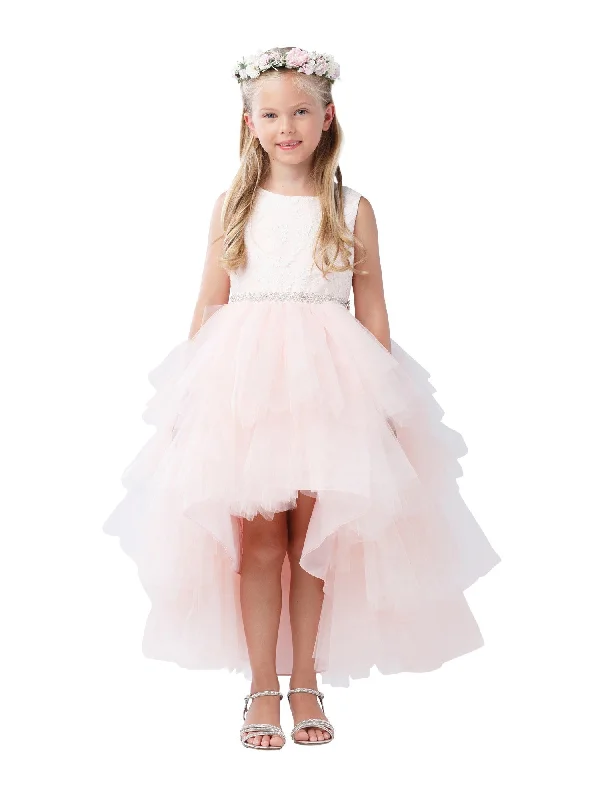 Sophisticated Style Offers Sleek Design Big Girls Blush Lace Bodice Beaded Sash Hi-Low Junior Bridesmaid Dress 8-12