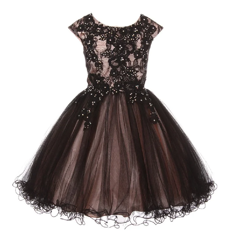 Urban Fashion Minimalist Elegant Big Girls Blush Black Rhinestone Embroidered Lace Junior Bridesmaid Dress 8-16