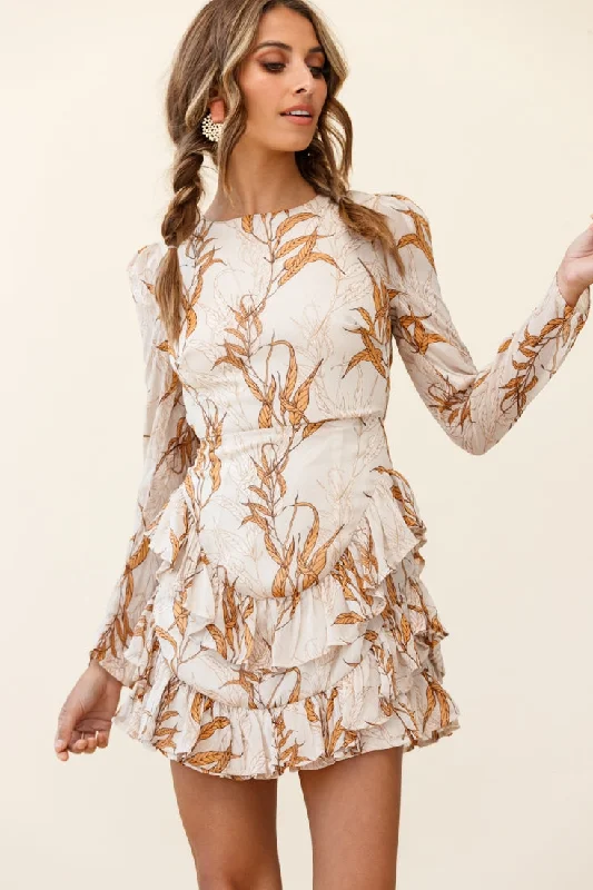 Trendy Threads Timeless Elegant Liz Long Sleeve Double Ruffle Dress Leaf Print Beige