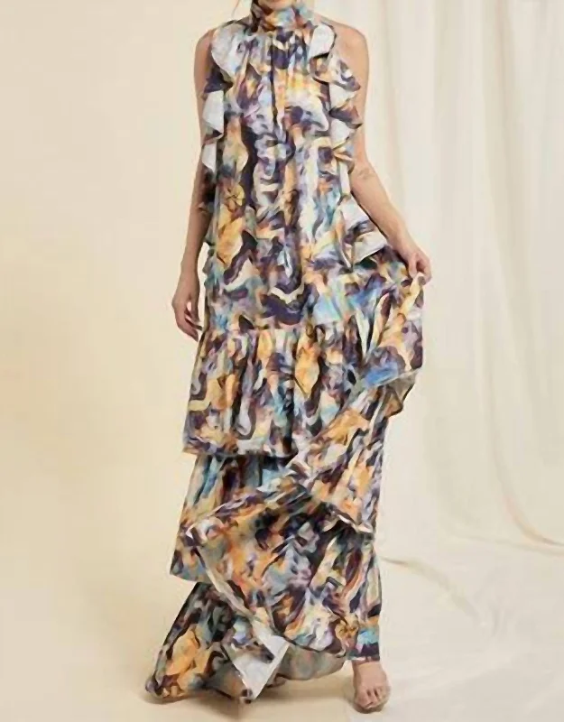 Low Price Special Classic Appeal Printed Sleeveless Dress With Ruffles In Multi