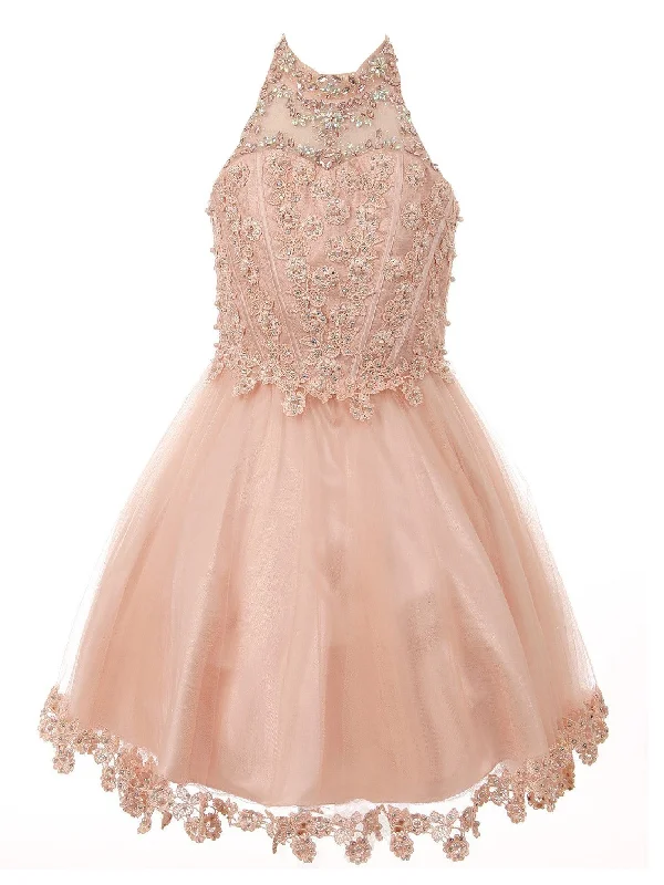 Timeless Style Promotions Modern Glamour Big Girls Blush Halter Neck Rhinestone Sequin Junior Bridesmaid Dress 8-16