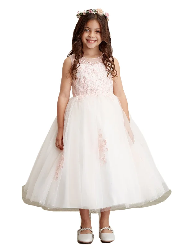 Casual Chic Deals Bohemian Vibe Big Girls Blush Illusion Neckline Lace Appliques Junior Bridesmaid Dress 8-18