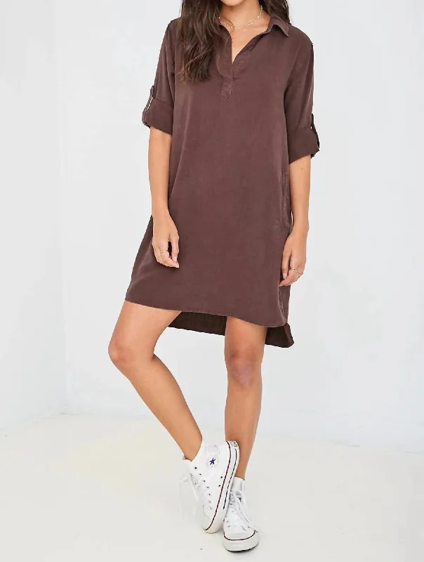 Comfortable Chic Effortless Sophistication Long Sleeve A-Line Shirt Dress In Coffee Bean