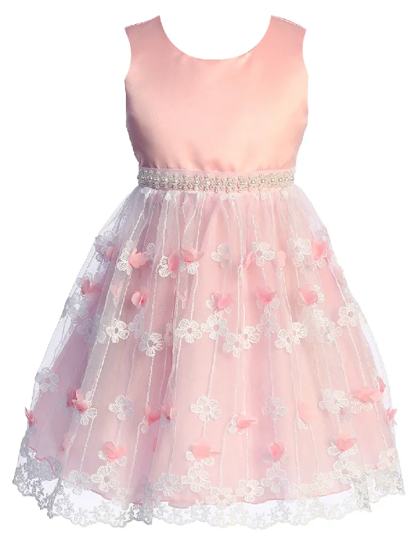 Fashion Sale Timeless Elegant Big Girls Blush Flower Appliques Embroidered Tulle Junior Bridesmaid Dress 8-14