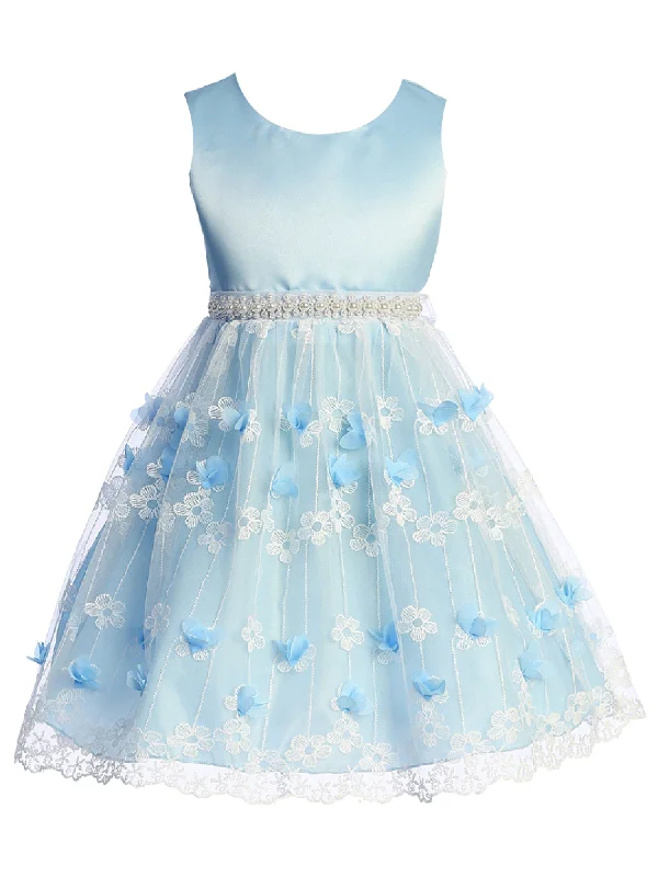 Premium Fashion Elegant Attire Big Girls Blue Flower Appliques Embroidered Tulle Junior Bridesmaid Dress 8-14