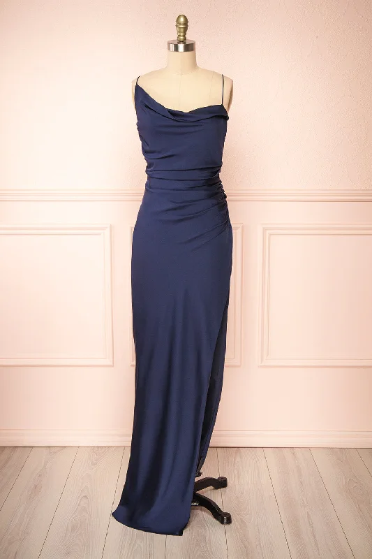 Limited-Time Offer Flowing Silhouette Sevika Navy | Maxi Satin Dress w/ Cowl Neck