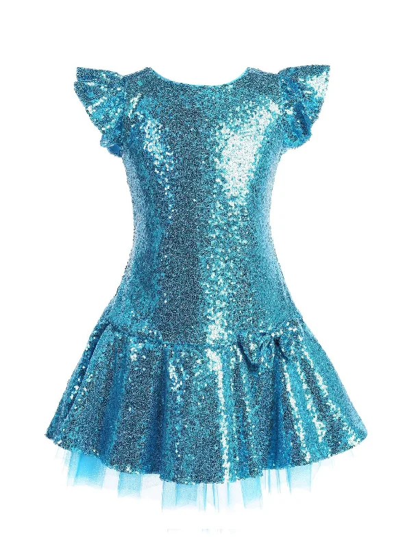 Latest Fashion Lightweight Fabric Big Girls Aqua Sequin Ruffle Tutu Junior Bridesmaid Dress 8-12