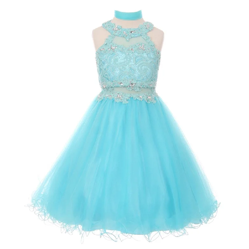 Fashion Forward Playful Elegance Big Girls Aqua Rhinestone Halter Neck Lace Tulle Junior Bridesmaid Dress 8-20