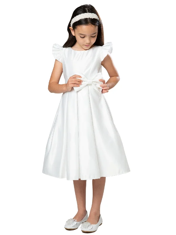 Hot Styles Graceful Drape Big Girls White Flutter Sleeve Pleated Skirt Satin Junior Bridesmaid Dress 7-16